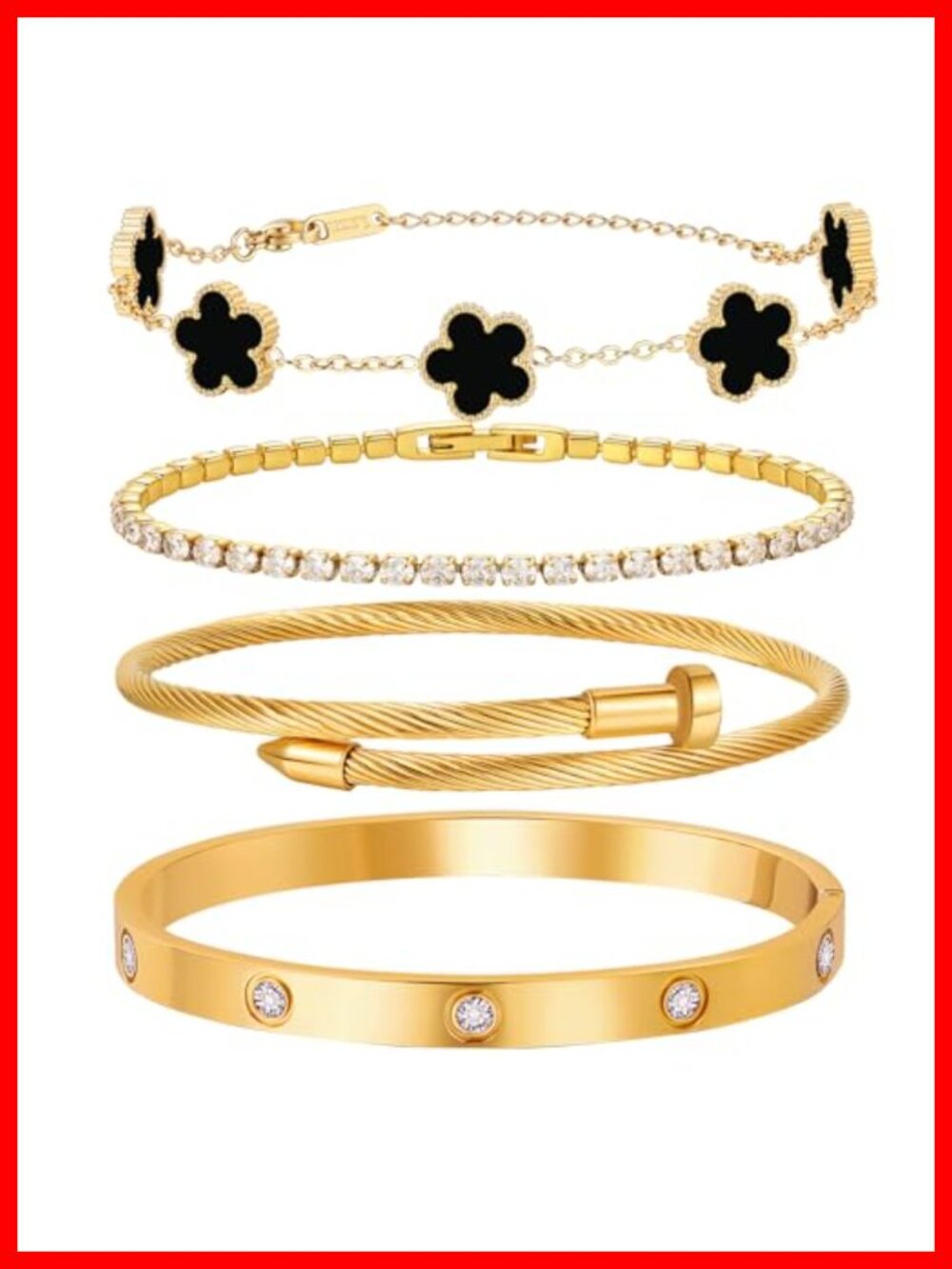 18K Gold Plated Bangle Bracelet Stack Set of 4 Floral Clover Tennis Crystal